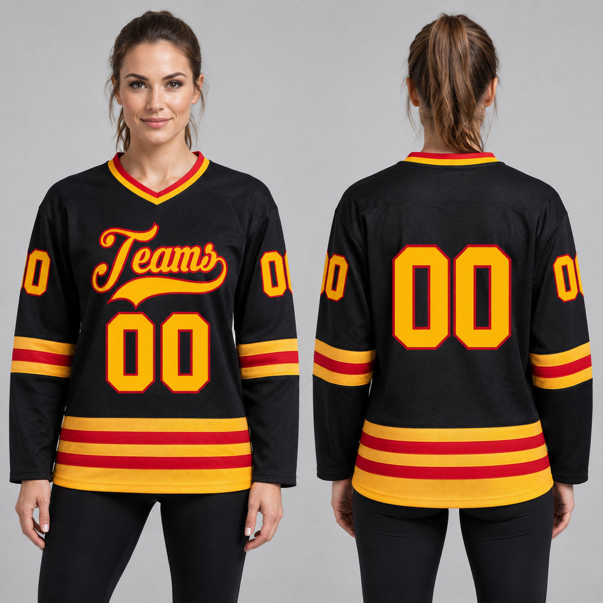 Custom Black Hockey Jersey with Gold and Red Lettering Design 0592 worn by female model