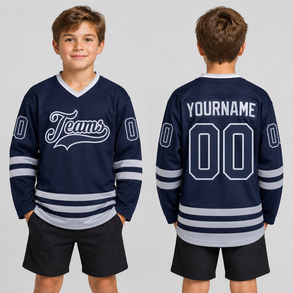 Custom Navy Hockey Jersey with Navy and Gray Lettering youth size worn by child model
