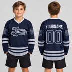 Custom Navy Hockey Jersey with Navy and Gray Lettering youth size worn by child model