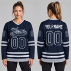 Custom Navy Hockey Jersey with Navy and Gray Lettering worn by female model