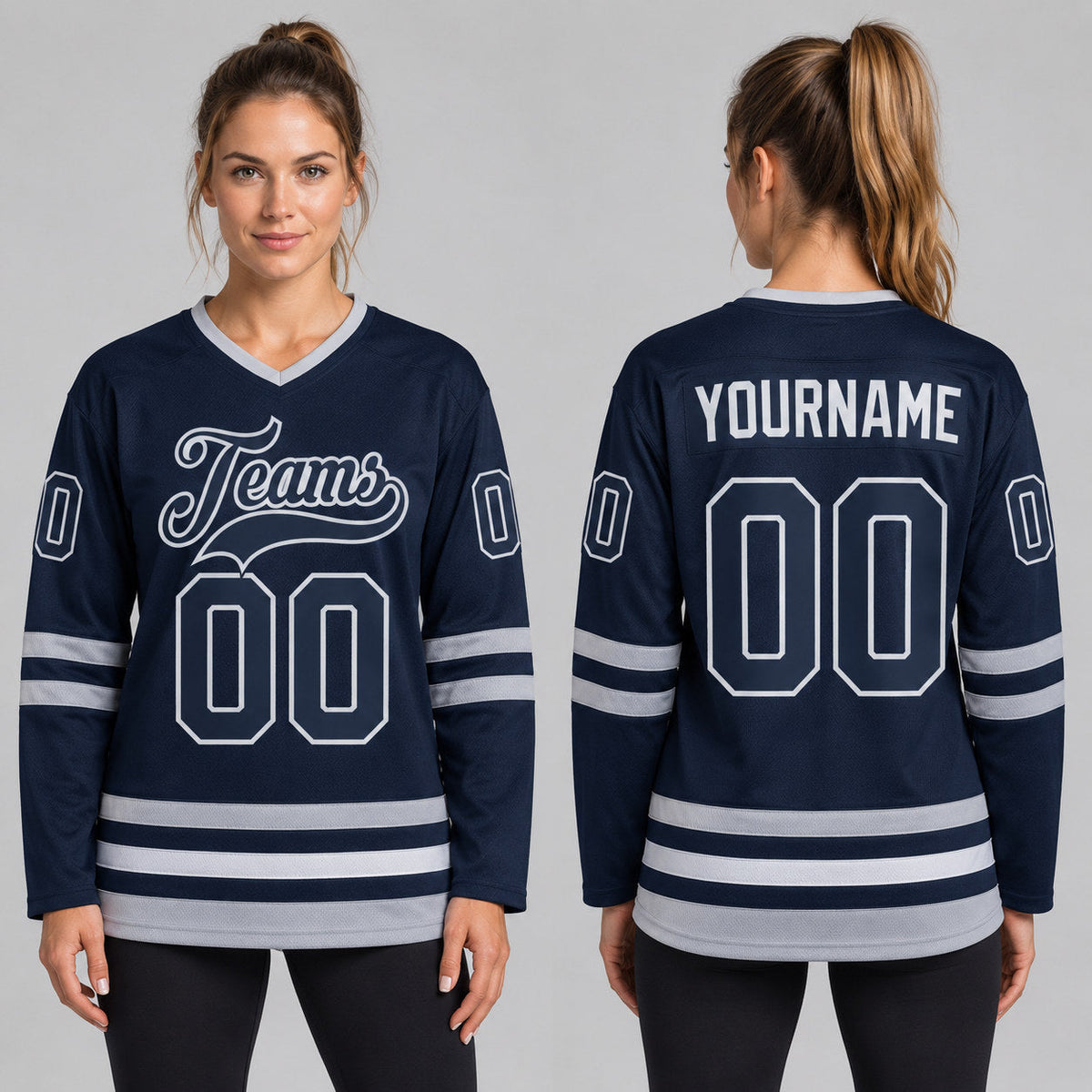 Custom Navy Hockey Jersey with Navy and Gray Lettering worn by female model