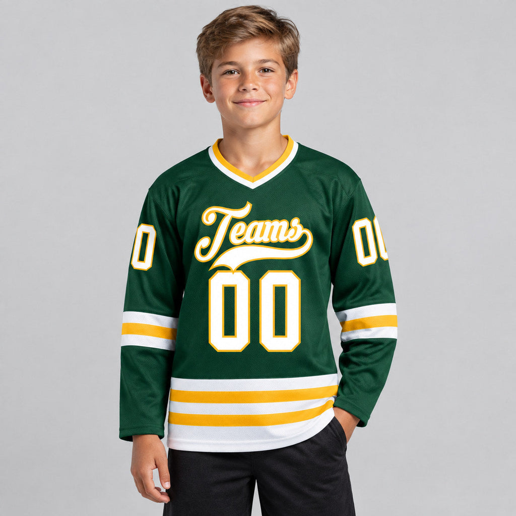 Custom Green Hockey Jersey with White and Gold Lettering youth size worn by child model
