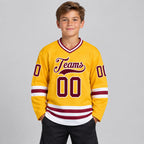 Custom Gold Hockey Jersey with Maroon and White Lettering Design 0167 youth size worn by child model