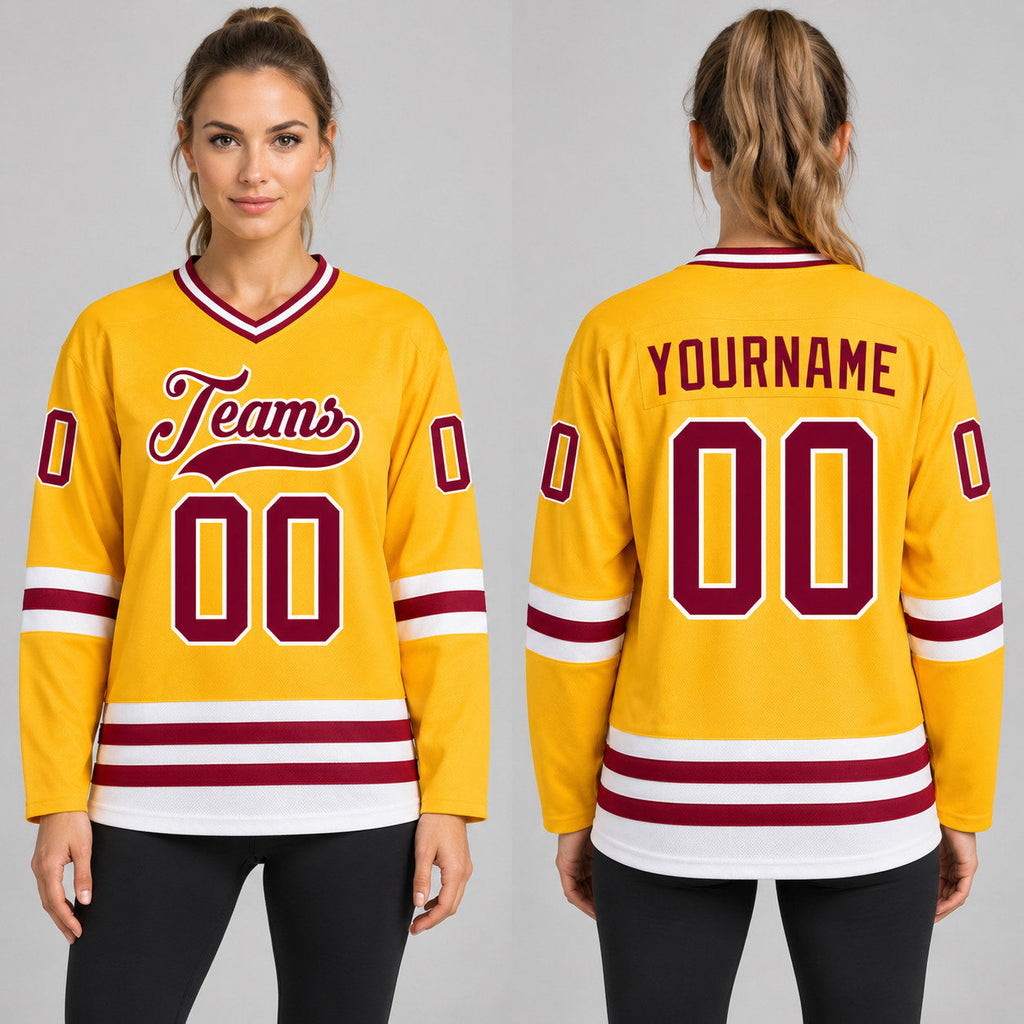 Custom Gold Hockey Jersey with Maroon and White Lettering Design 0167 worn by female model