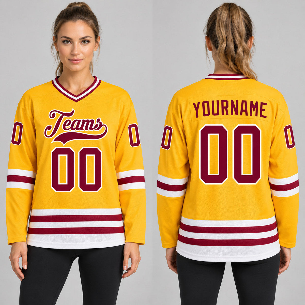 Custom Gold Hockey Jersey with Maroon and White Lettering Design 0167 worn by female model