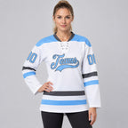 Custom White Lace Neck Hockey Jersey with Light Blue and Steel Gray Lettering Design 1938 worn by female model