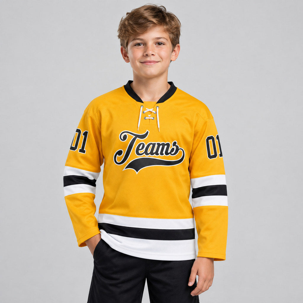Custom Gold Lace Neck Hockey Jersey with Black and White Lettering youth size worn by child model