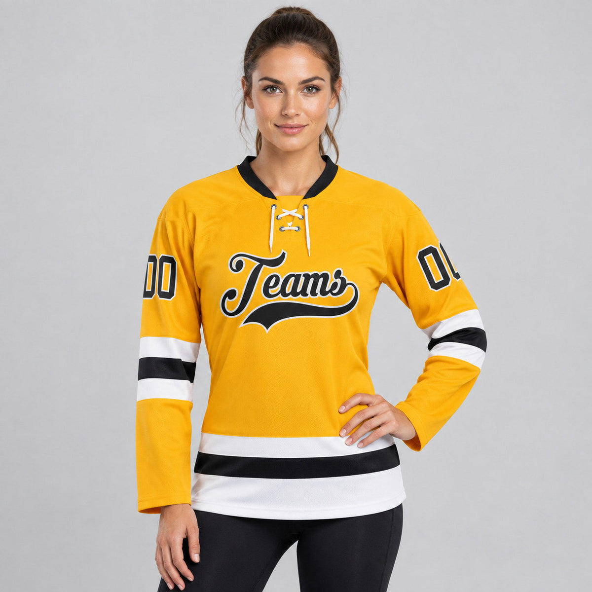Custom Gold Lace Neck Hockey Jersey with Black and White Lettering worn by female model