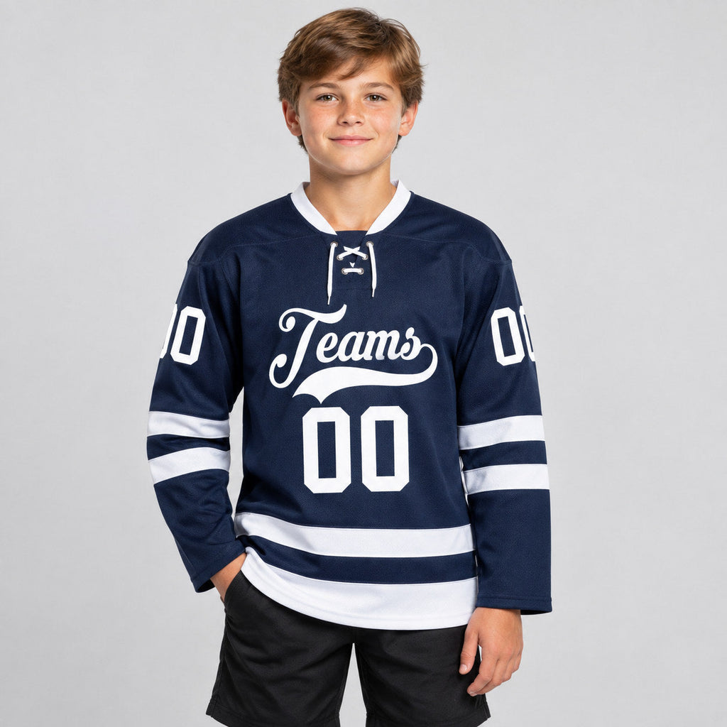 Custom Navy Lace Neck Hockey Jersey with White Lettering youth size worn by child model