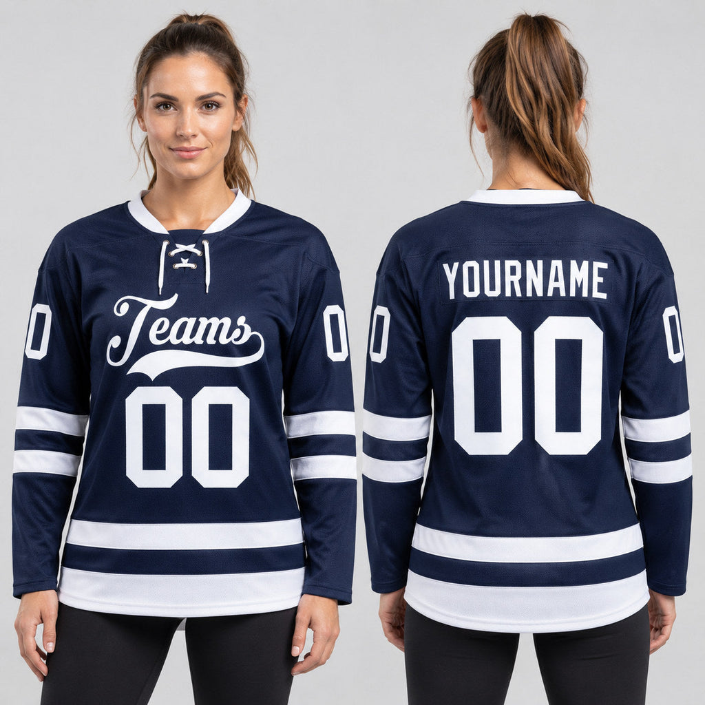 Custom Navy Lace Neck Hockey Jersey with White Lettering worn by female model