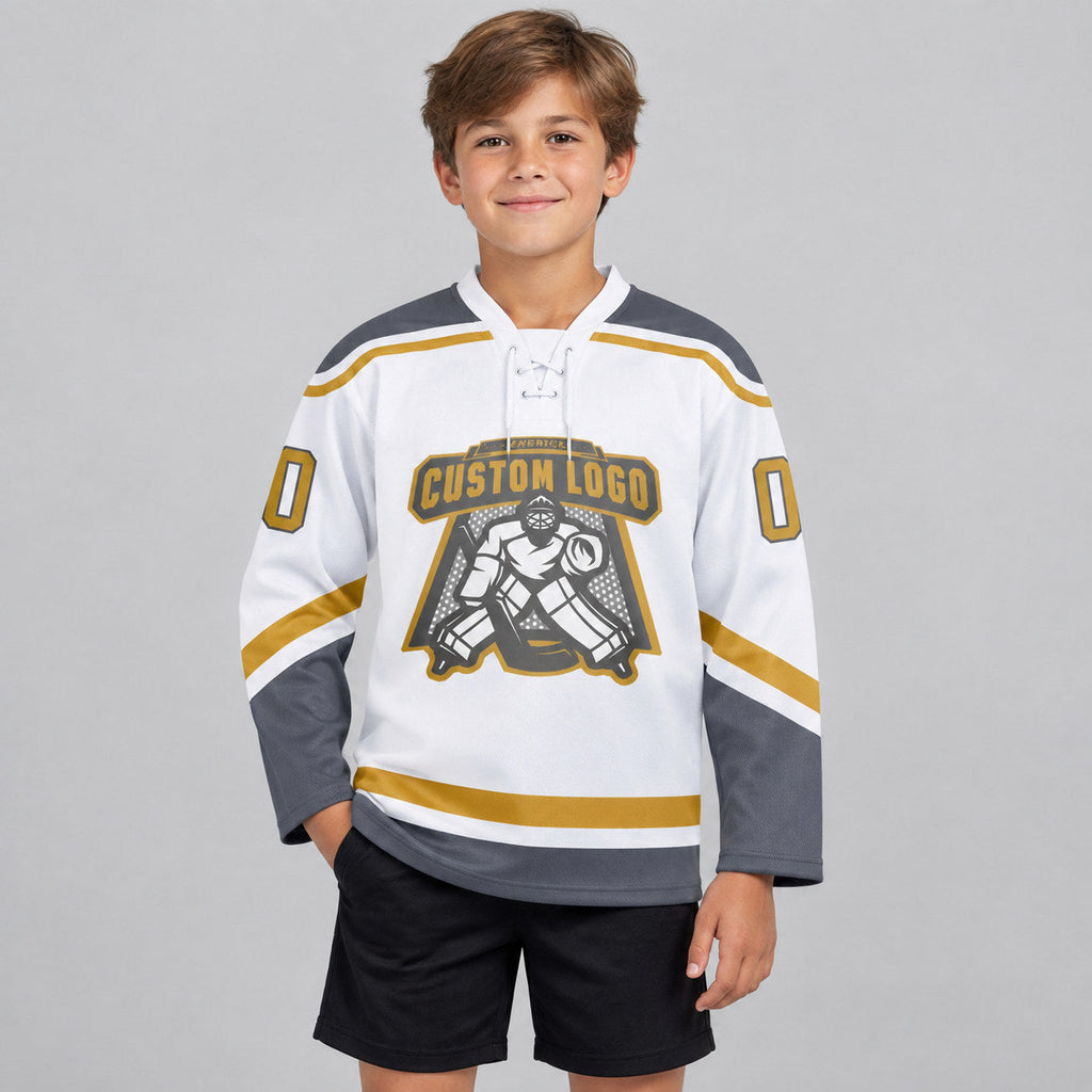 Custom White Lace Neck Hockey Jersey with Old Gold and Steel Gray Lettering youth size worn by child model