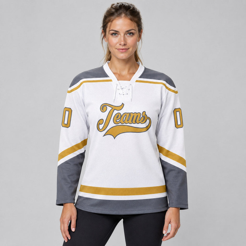 Custom White Lace Neck Hockey Jersey with Old Gold and Steel Gray Lettering worn by female model