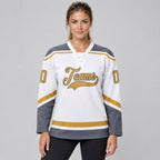 Custom White Lace Neck Hockey Jersey with Old Gold and Steel Gray Lettering worn by female model