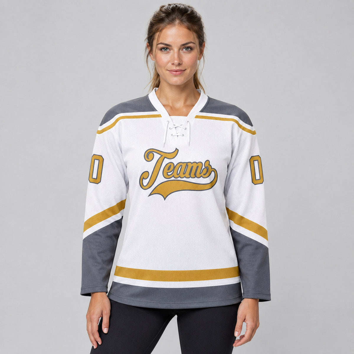 Custom White Lace Neck Hockey Jersey with Old Gold and Steel Gray Lettering worn by female model