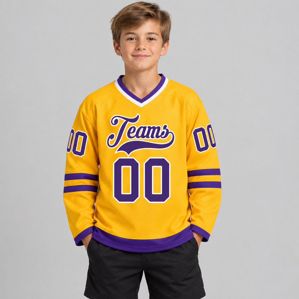 Custom Gold Hockey Jersey with Purple and White Lettering Design 0199 youth size worn by child model