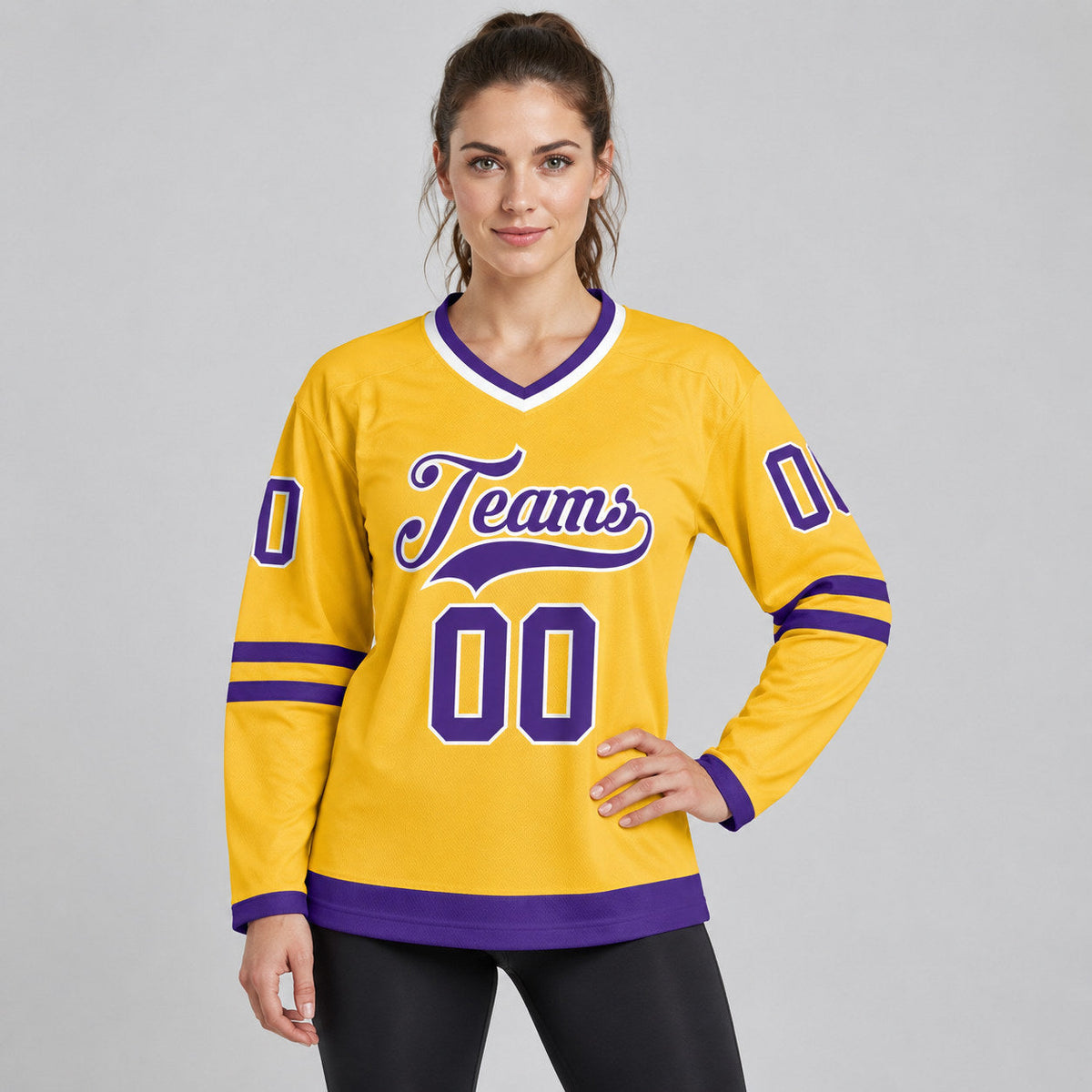 Custom Gold Hockey Jersey with Purple and White Lettering Design 0199 worn by female model