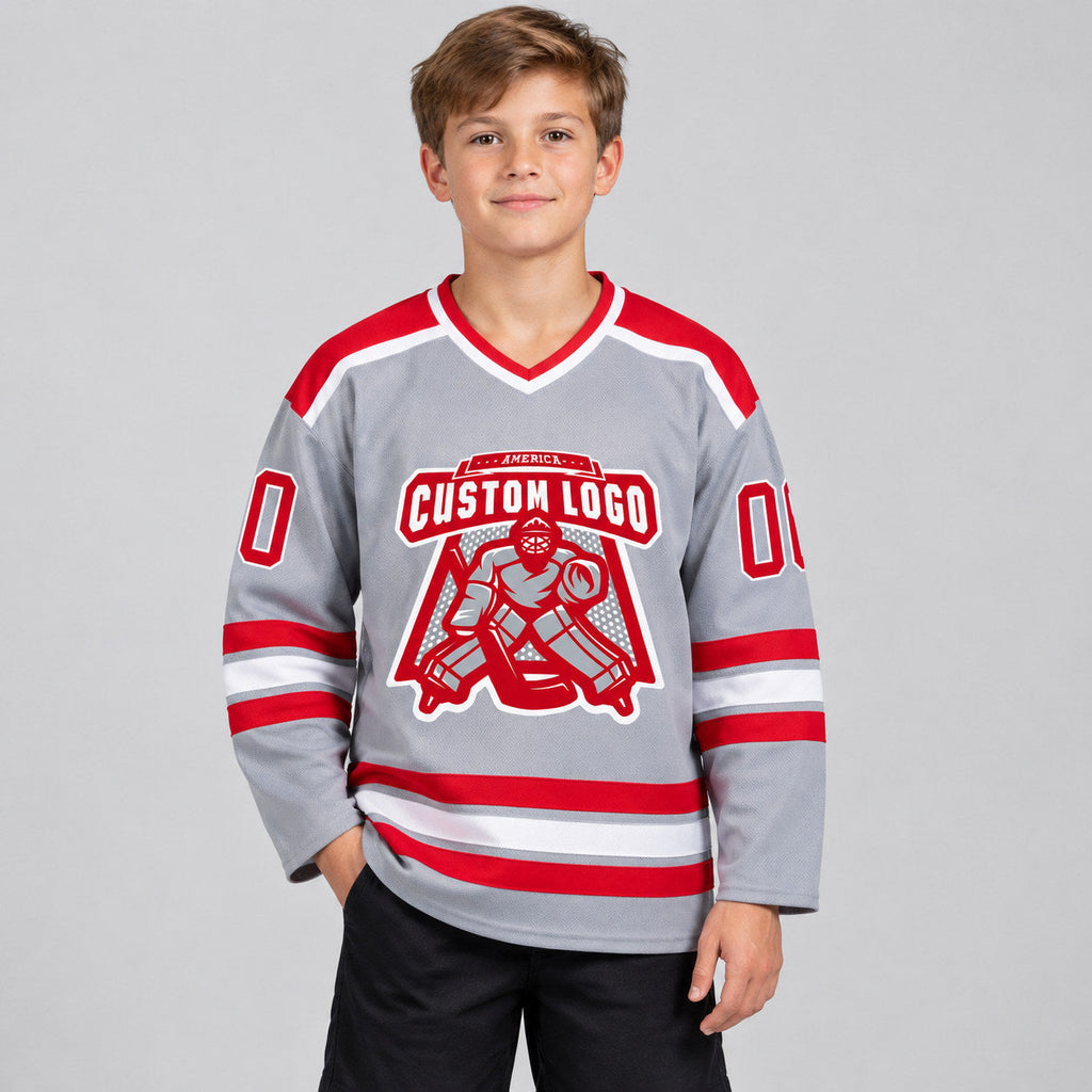 Custom Gray Hockey Jersey with Red and White Lettering Design 0362 youth size worn by child model