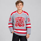 Custom Gray Hockey Jersey with Red and White Lettering Design 0362 youth size worn by child model