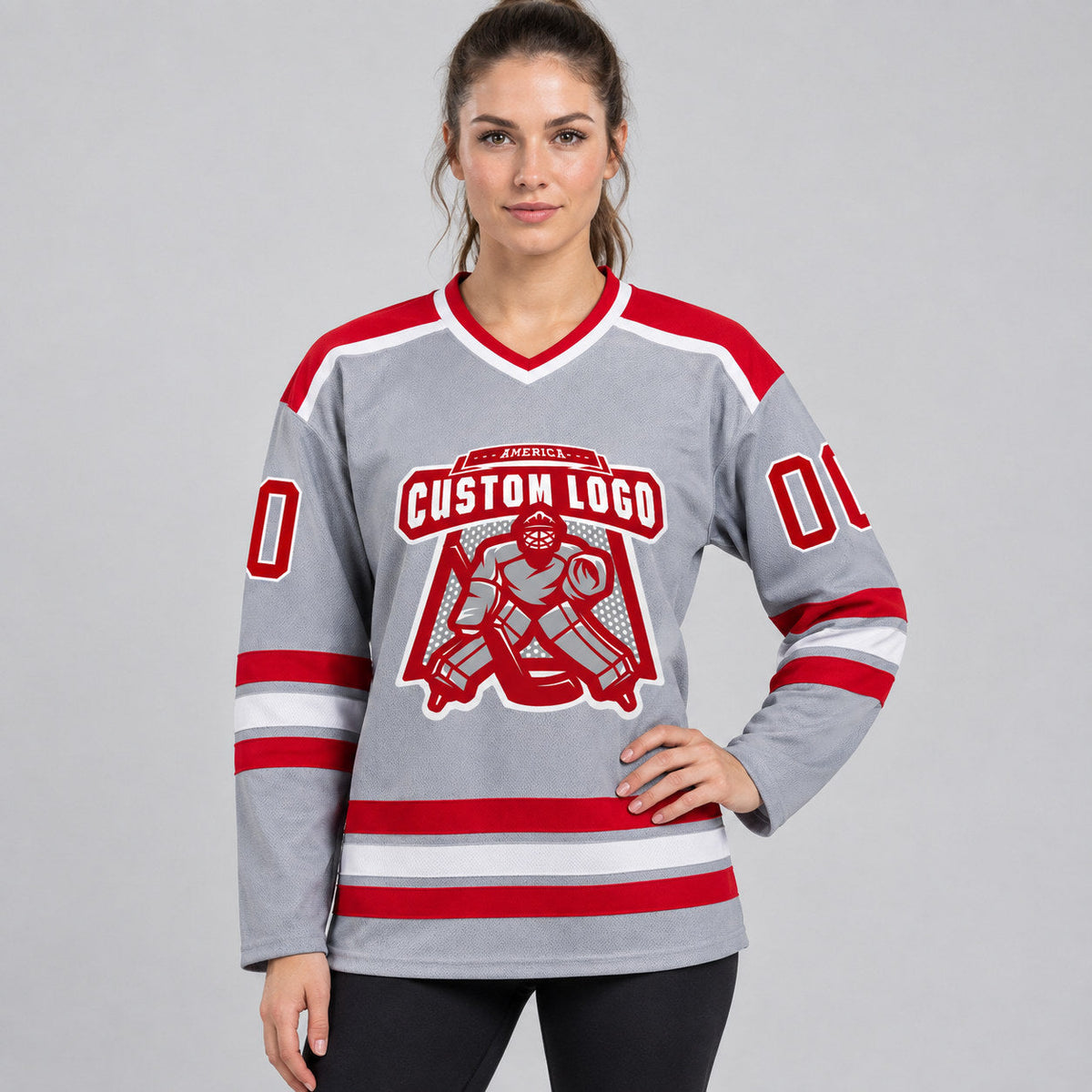 Custom Gray Hockey Jersey with Red and White Lettering Design 0362 worn by female model