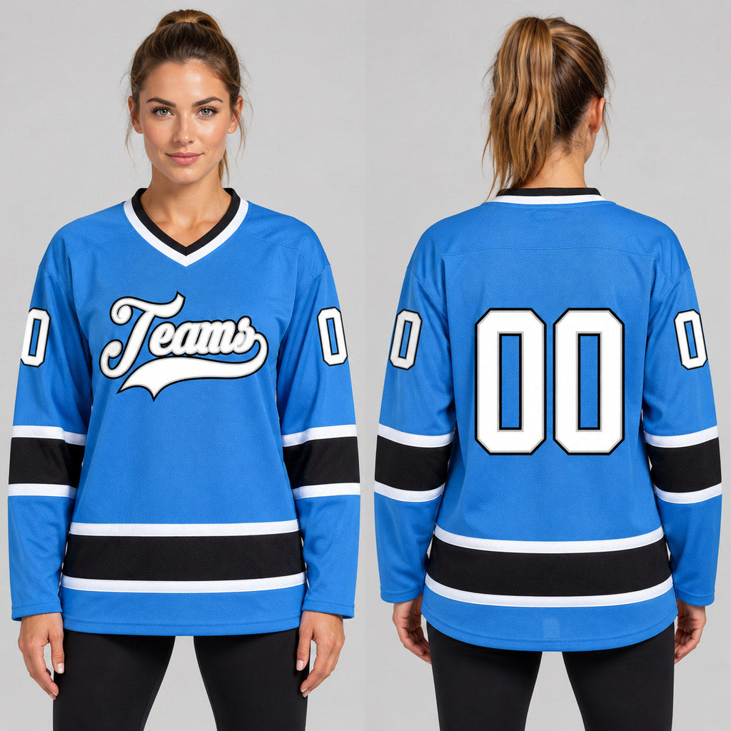 Custom Powder Blue Hockey Jersey with White and Black Lettering worn by female model