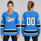 Custom Powder Blue Hockey Jersey with White and Black Lettering worn by female model