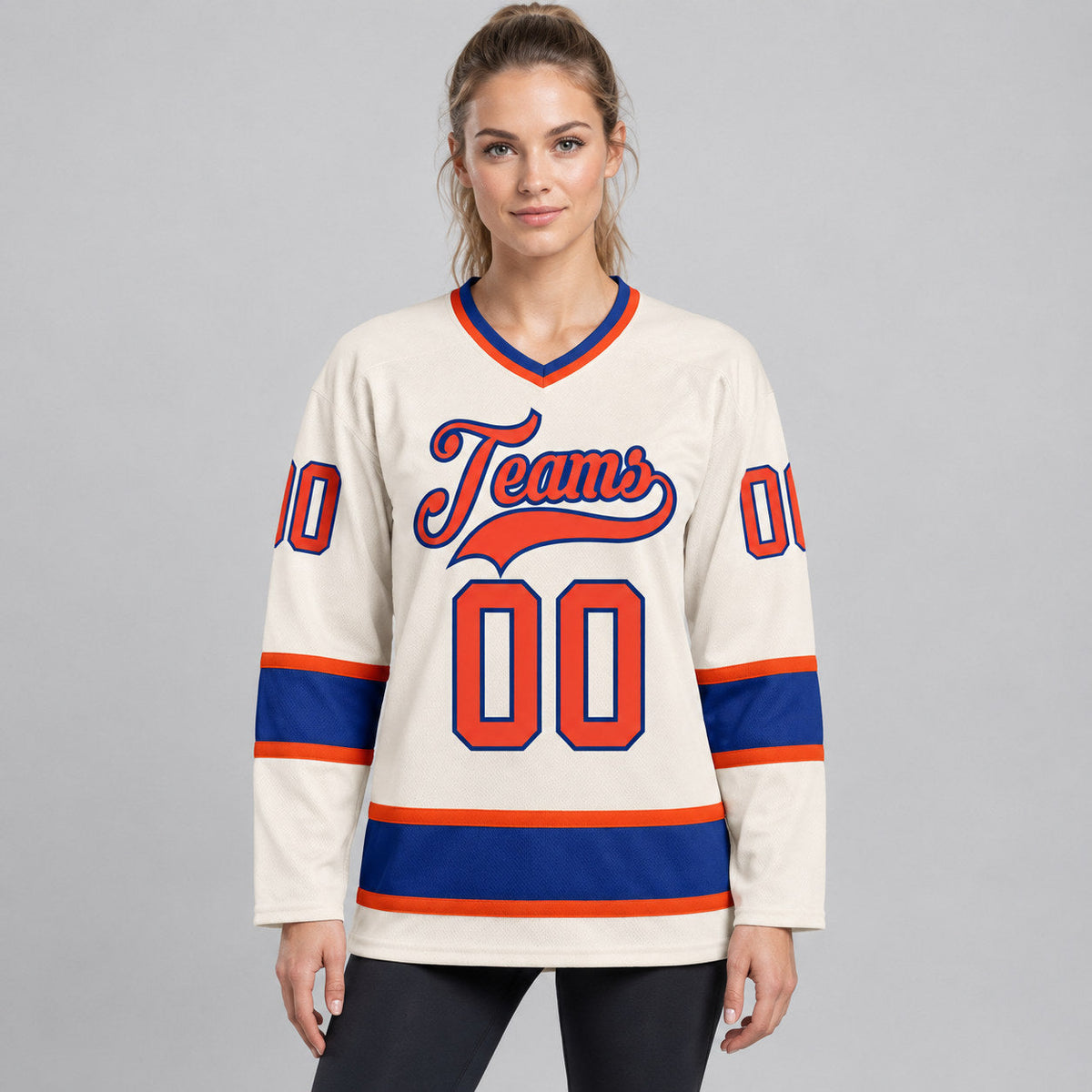 Custom Cream Hockey Jersey with Orange and Royal Lettering Design 0164 worn by female model