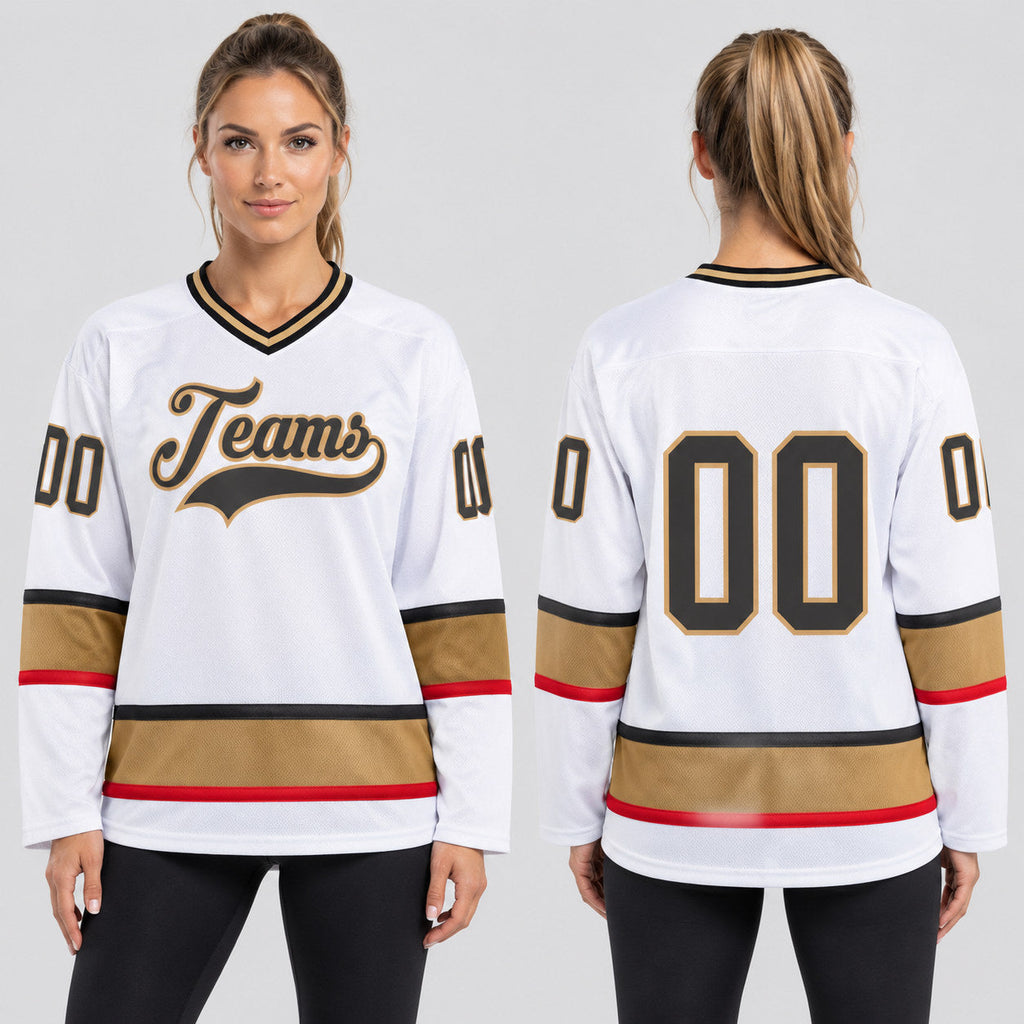 Custom White Hockey Jersey with Steel Gray and Old Gold Lettering Design 0663 worn by female model