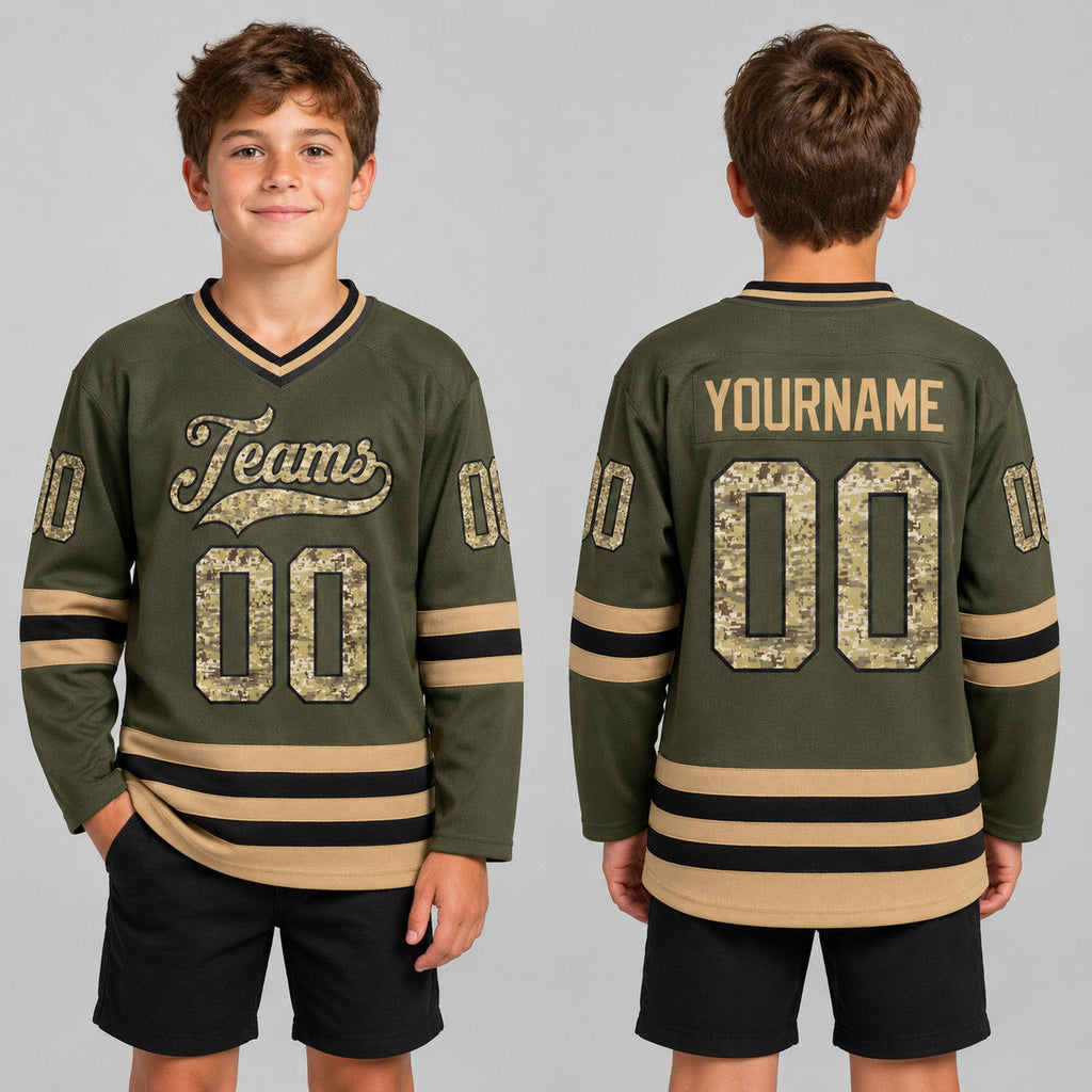Custom Olive Camo Salute To Service Hockey Jersey with Old Gold Lettering youth size worn by child model