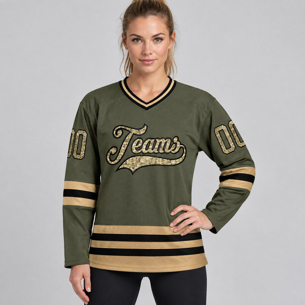 Custom Olive Camo Salute To Service Hockey Jersey with Old Gold Lettering worn by female model