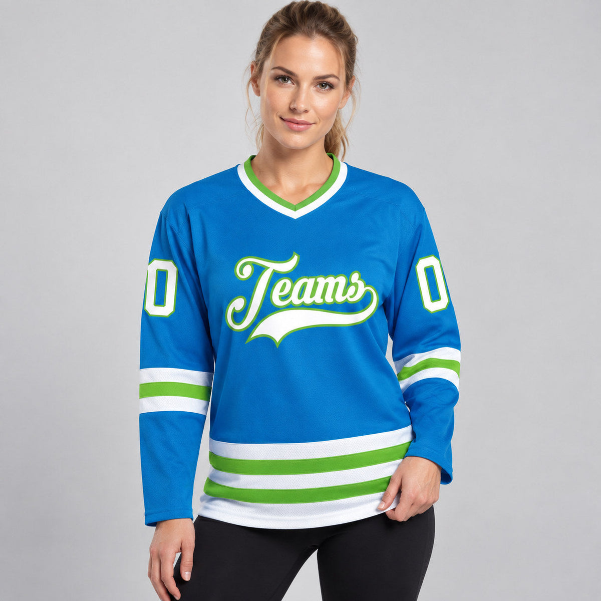 Custom Blue Hockey Jersey with White and Neon Green Lettering worn by female model