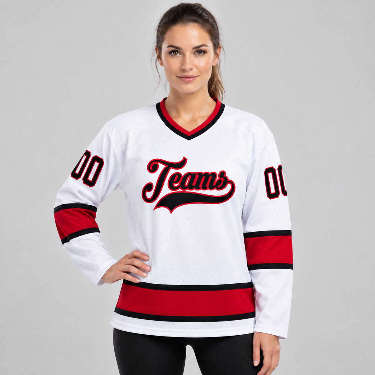 Custom White Hockey Jersey with Black and Red Lettering Design 0640 worn by female model