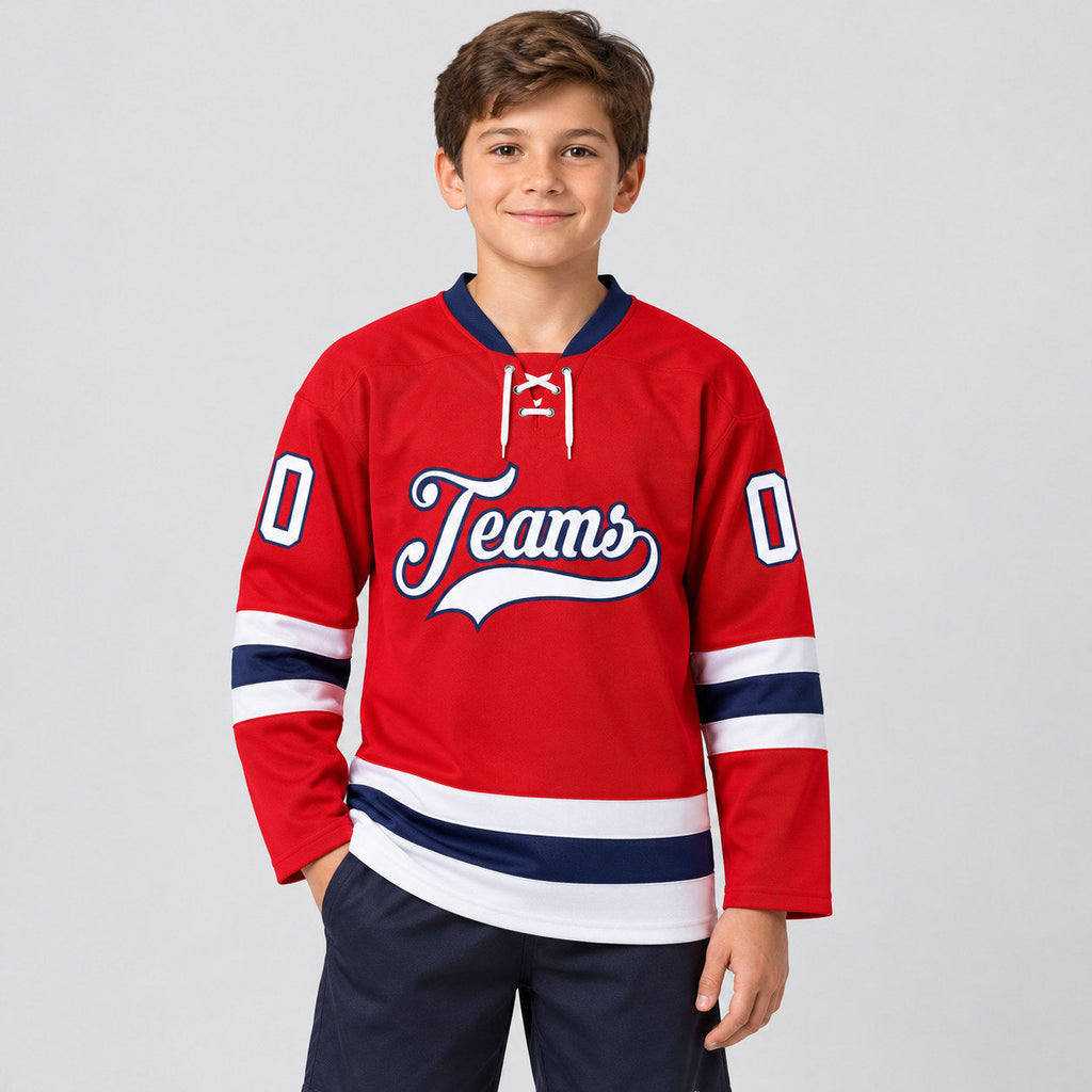 Custom Red Lace Neck Hockey Jersey with White and Navy Lettering Design 0801 youth size worn by child model