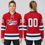 Custom Red Lace Neck Hockey Jersey with White and Navy Lettering Design 0801 worn by female model