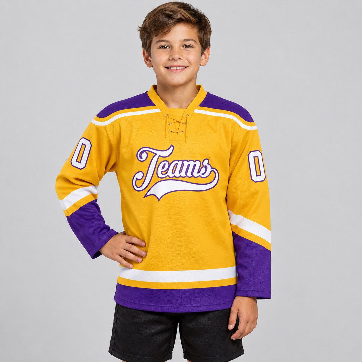 Custom Gold Lace Neck Hockey Jersey with White and Purple Lettering youth size worn by child model