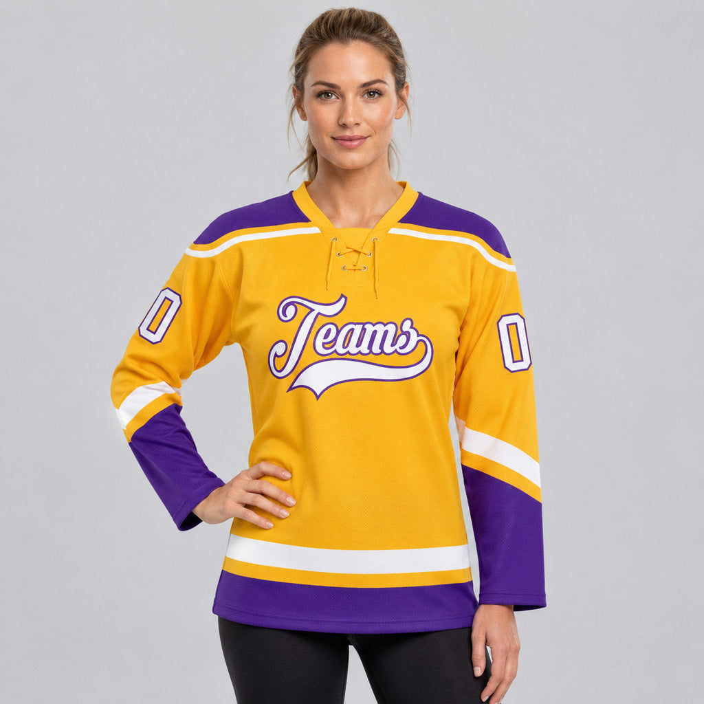 Custom Gold Lace Neck Hockey Jersey with White and Purple Lettering worn by female model