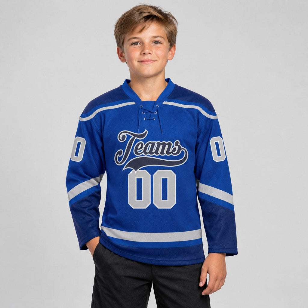Custom Royal Lace Neck Hockey Jersey with Gray and Navy Lettering youth size worn by child model