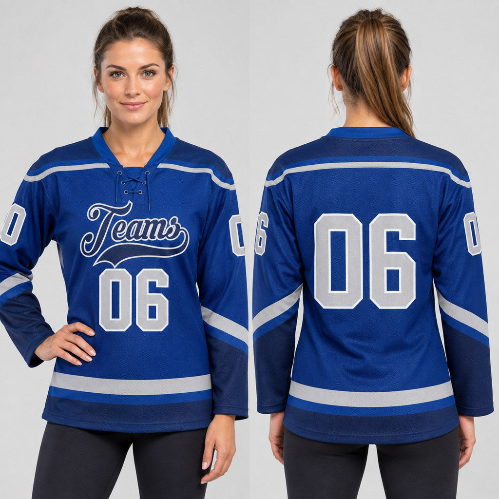 Custom Royal Lace Neck Hockey Jersey with Gray and Navy Lettering worn by female model