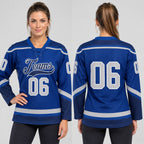 Custom Royal Lace Neck Hockey Jersey with Gray and Navy Lettering worn by female model