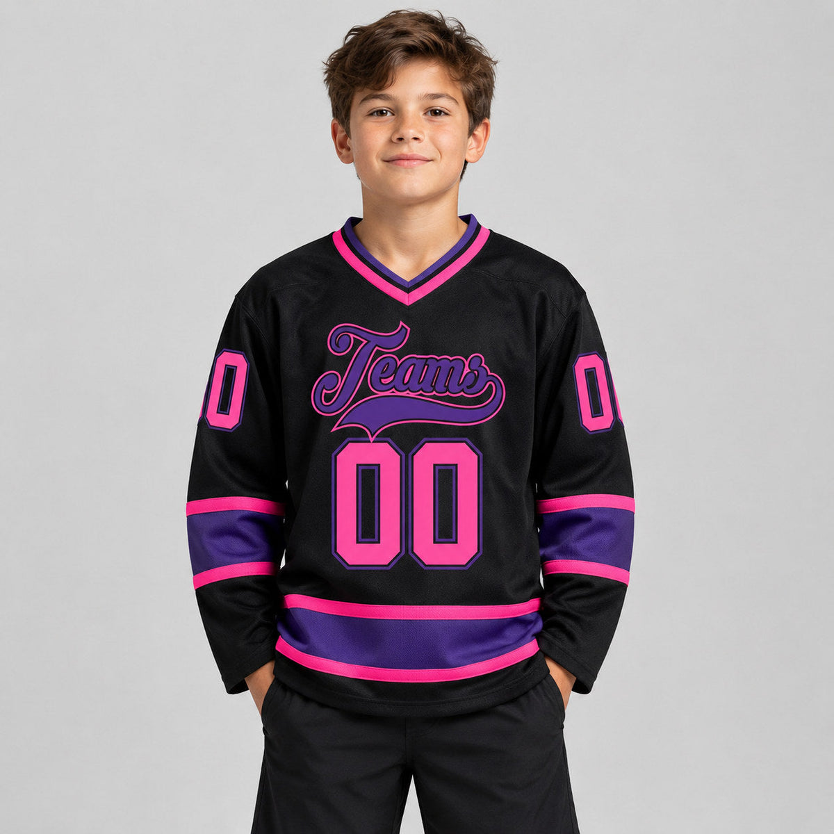 Custom Black Hockey Jersey with Pink and Purple Lettering youth size worn by child model