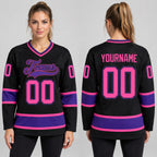 Custom Black Hockey Jersey with Pink and Purple Lettering worn by female model