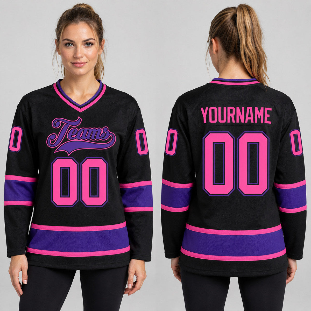 Custom Black Hockey Jersey with Pink and Purple Lettering worn by female model