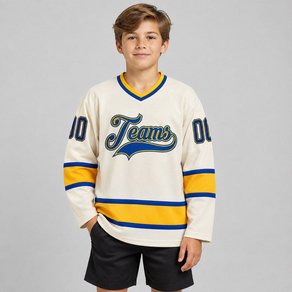 Custom Cream Hockey Jersey with Royal and Gold Lettering Design 0154 youth size worn by child model
