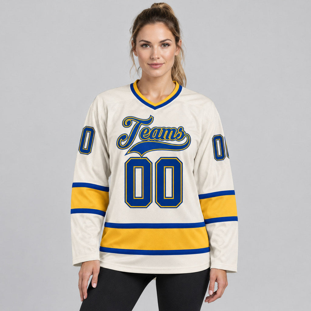 Custom Cream Hockey Jersey with Royal and Gold Lettering Design 0154 worn by female model