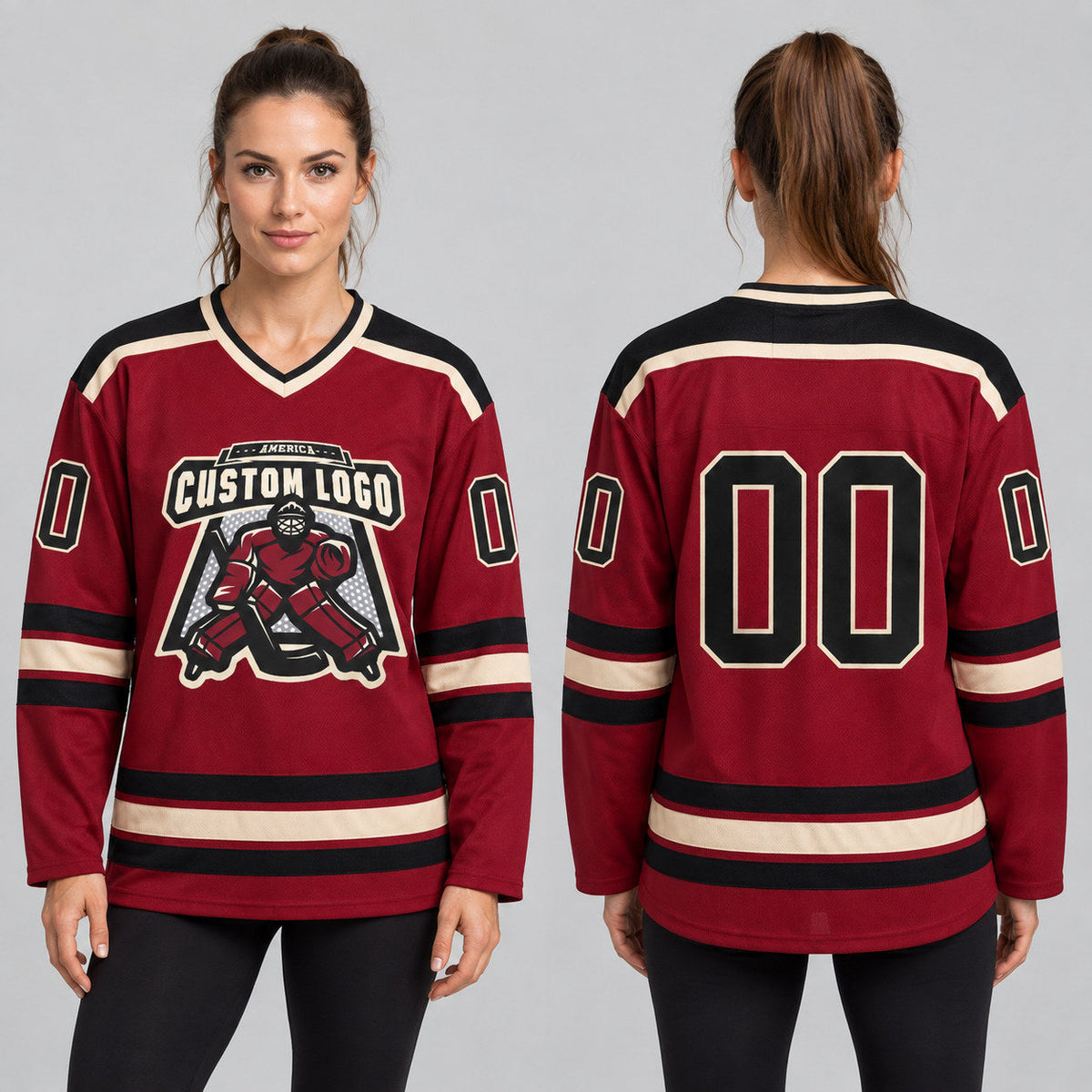 Custom Maroon Hockey Jersey with Black and Cream Lettering Design 0059 worn by female model