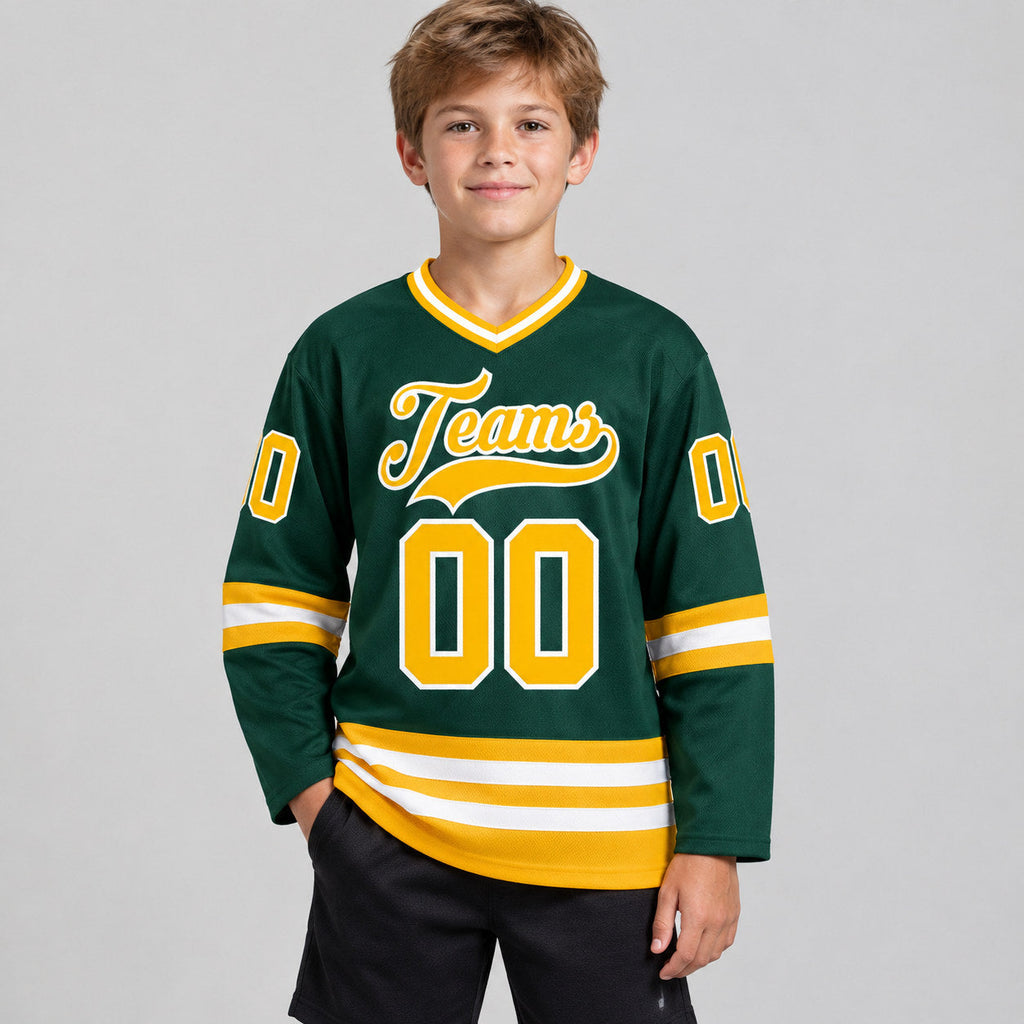Custom Green Hockey Jersey with Gold and White Lettering Design 0101 youth size worn by child model