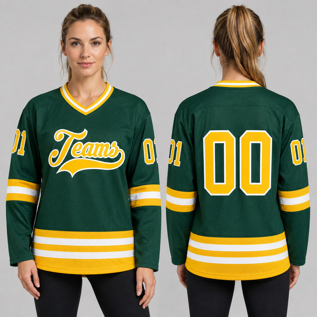 Custom Green Hockey Jersey with Gold and White Lettering Design 0101 worn by female model