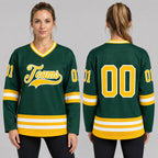 Custom Green Hockey Jersey with Gold and White Lettering Design 0101 worn by female model