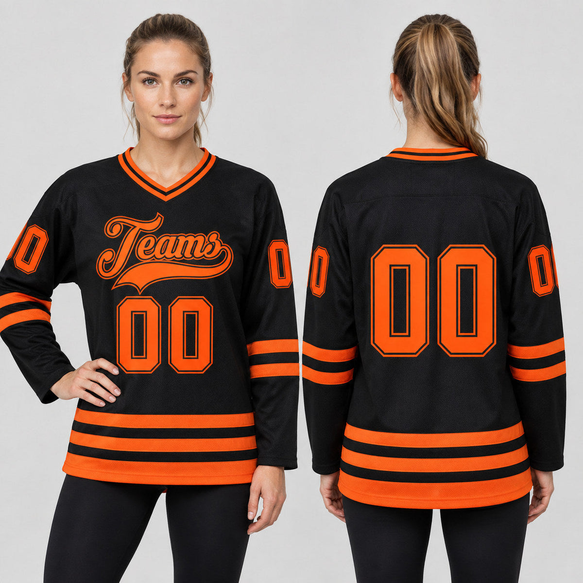 Custom Black Hockey Jersey with Orange Lettering Design 2453 worn by female model