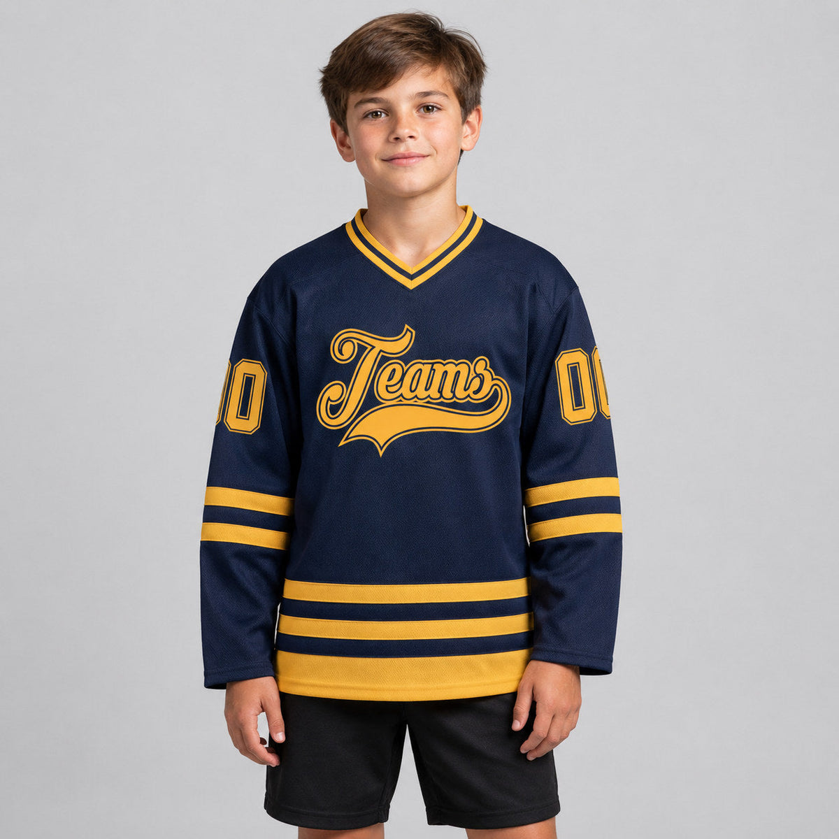 Custom Navy Hockey Jersey with Old Gold Lettering youth size worn by child model