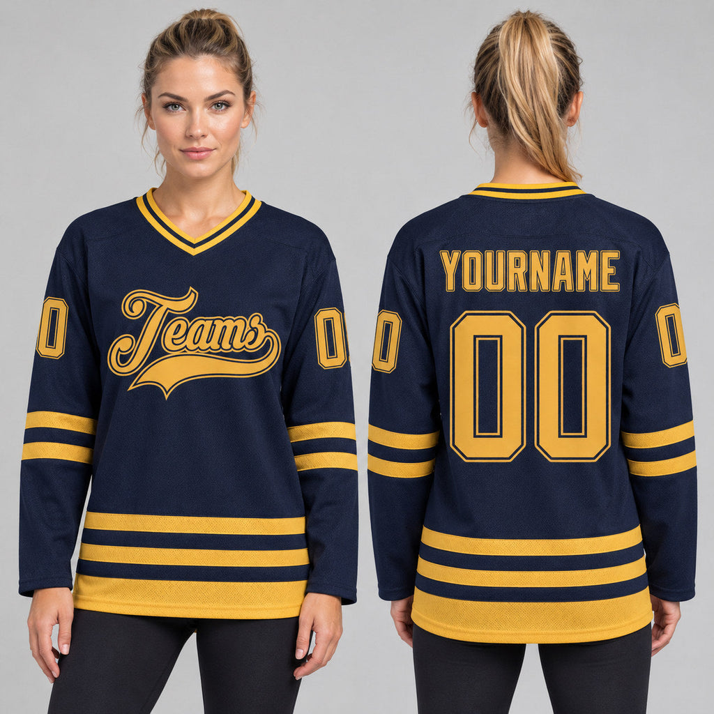 Custom Navy Hockey Jersey with Old Gold Lettering worn by female model